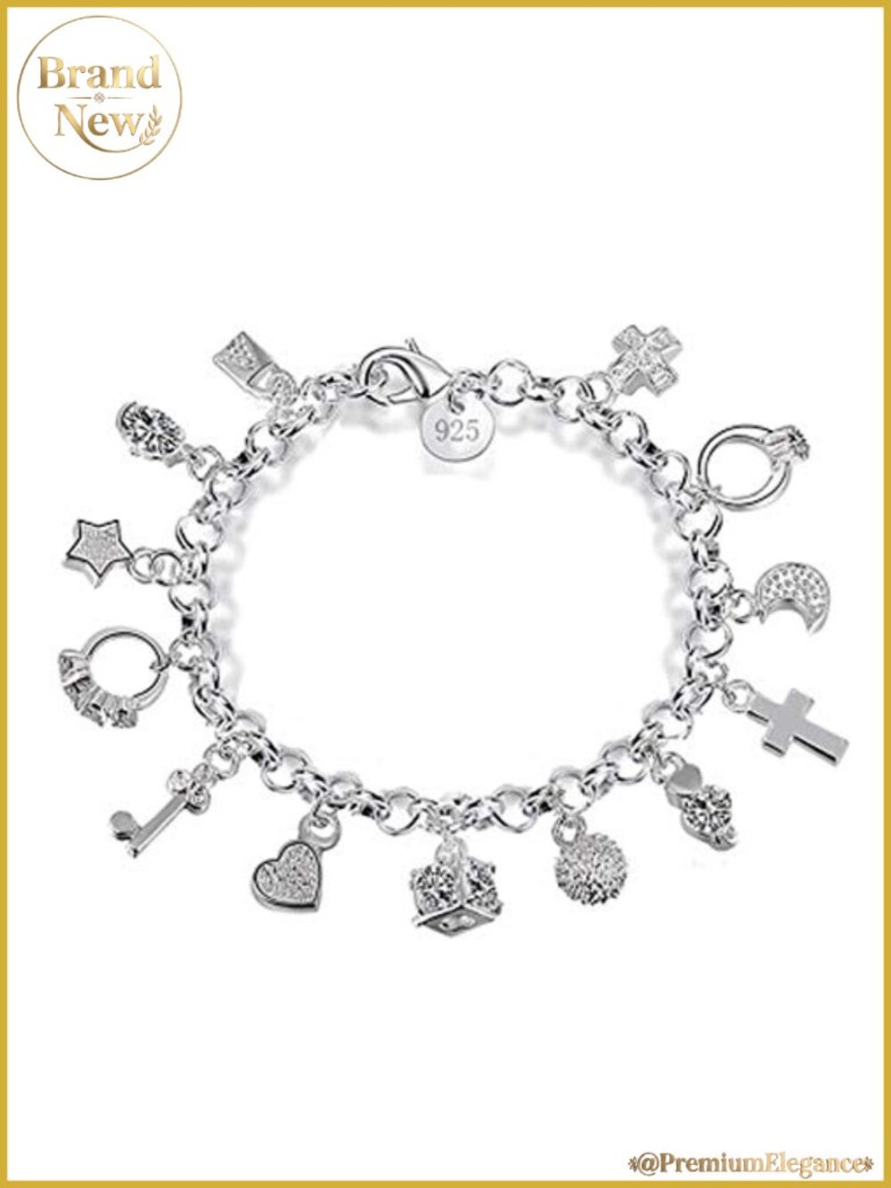 Sterling Silver Charm Bracelet, 13-Piece Pendant Chain, Gift for Women